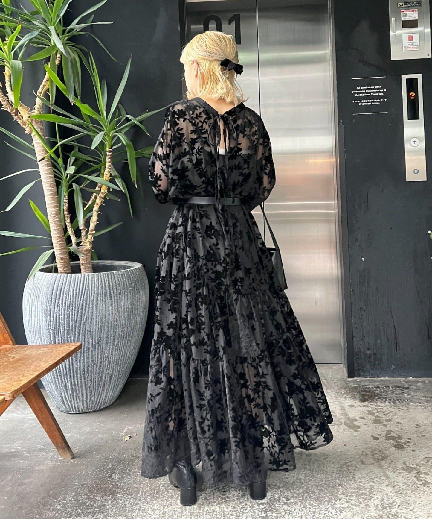 【前後2WAY】絨面花朵層疊連衣裙