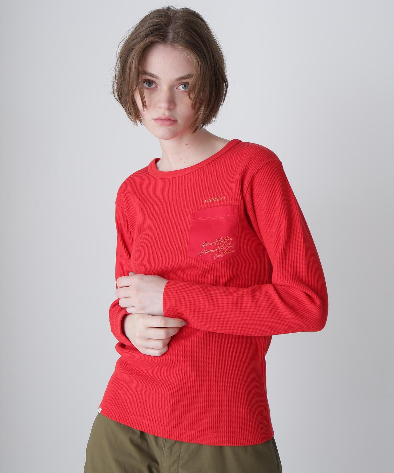 LS COLOR STITCH EMB WAFFLE T-SHIRT/彩色拼接刺繡格子T恤