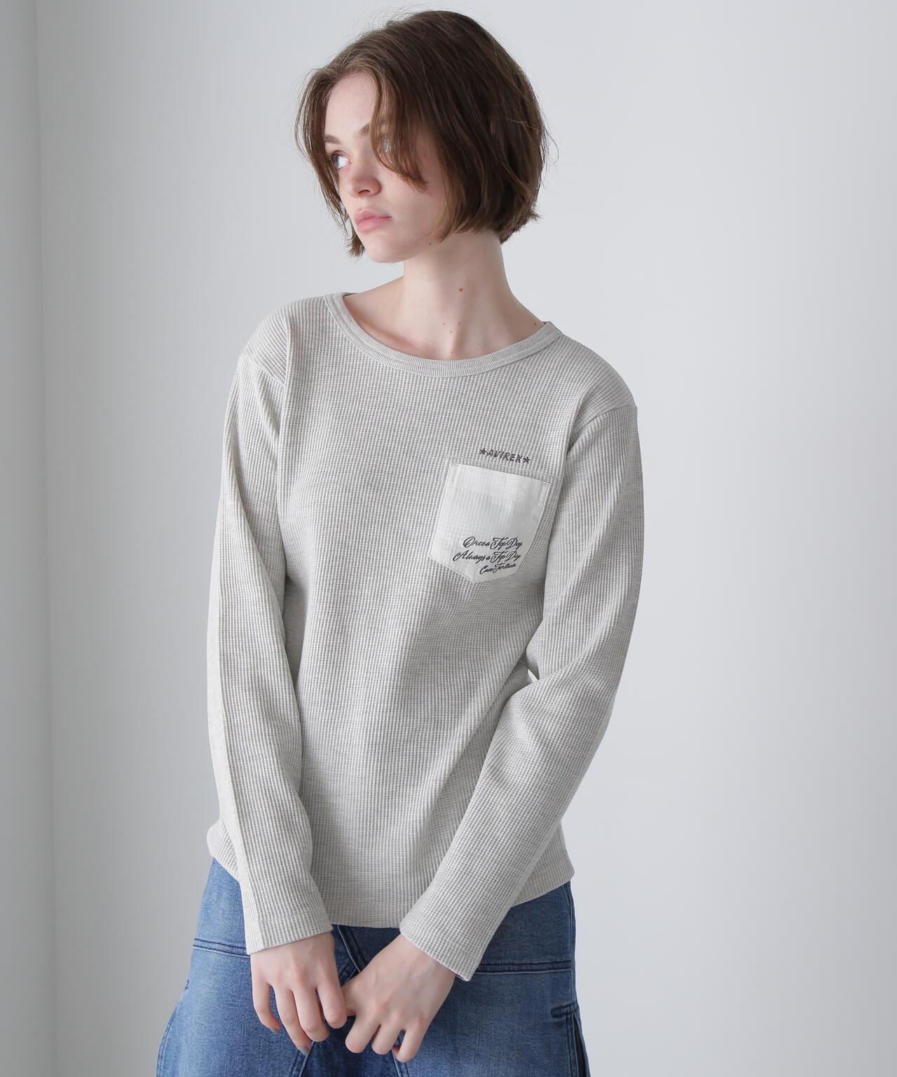 LS COLOR STITCH EMB WAFFLE T-SHIRT/彩色拼接刺繡格子T恤