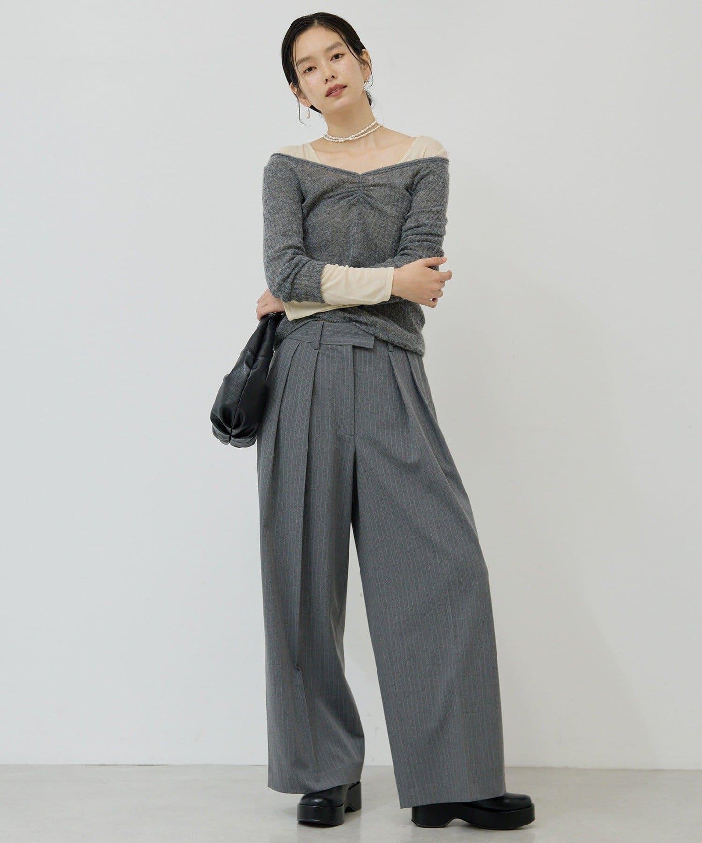 【3尺碼展開】條紋雙褶褲