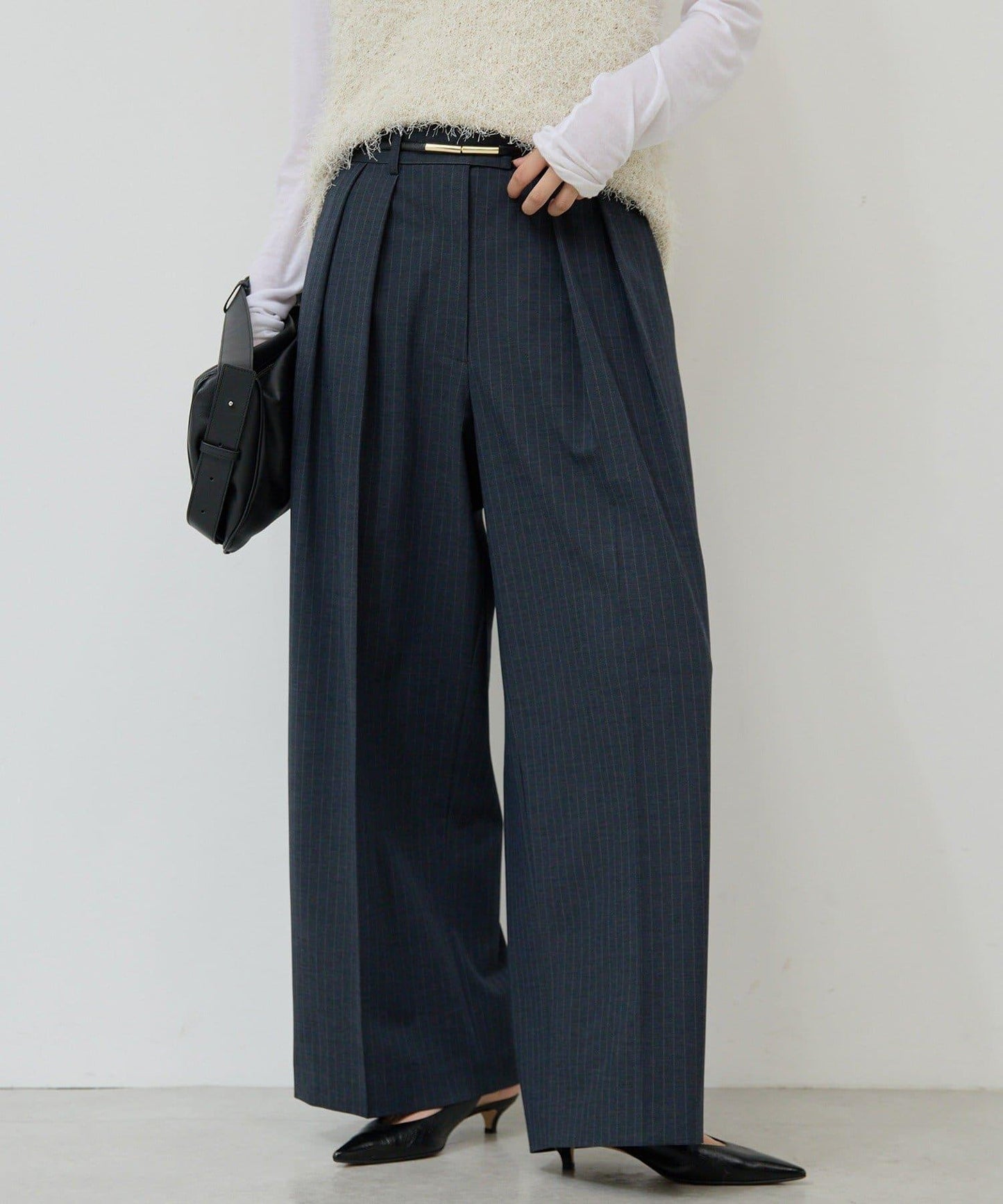 【3尺碼展開】條紋雙褶褲