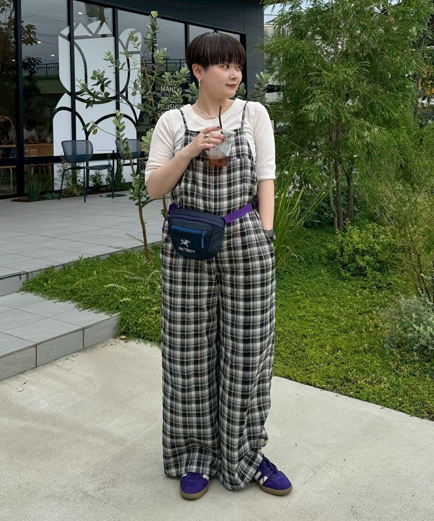 【多米小姐企劃/有尺碼展開】格紋拼接吊帶連體褲