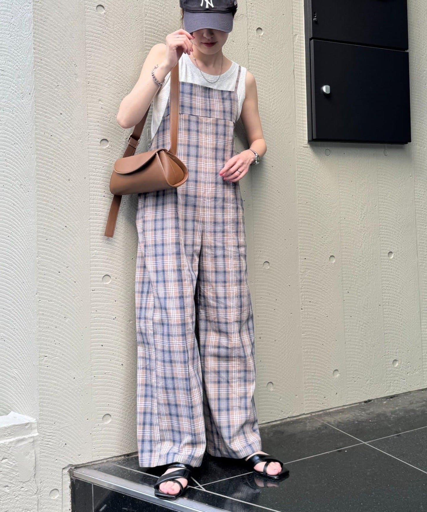 【多米小姐企劃/有尺碼展開】格紋拼接吊帶連體褲