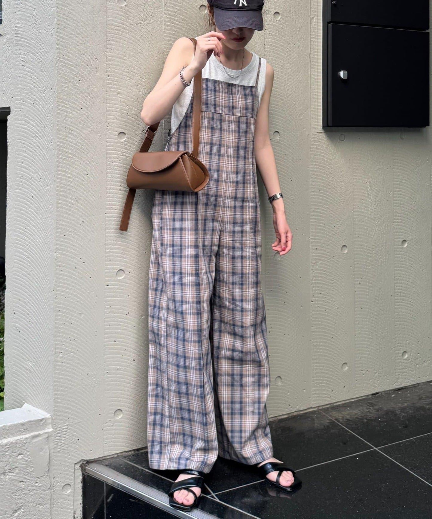 【多米小姐企劃/有尺碼展開】格紋拼接吊帶連體褲