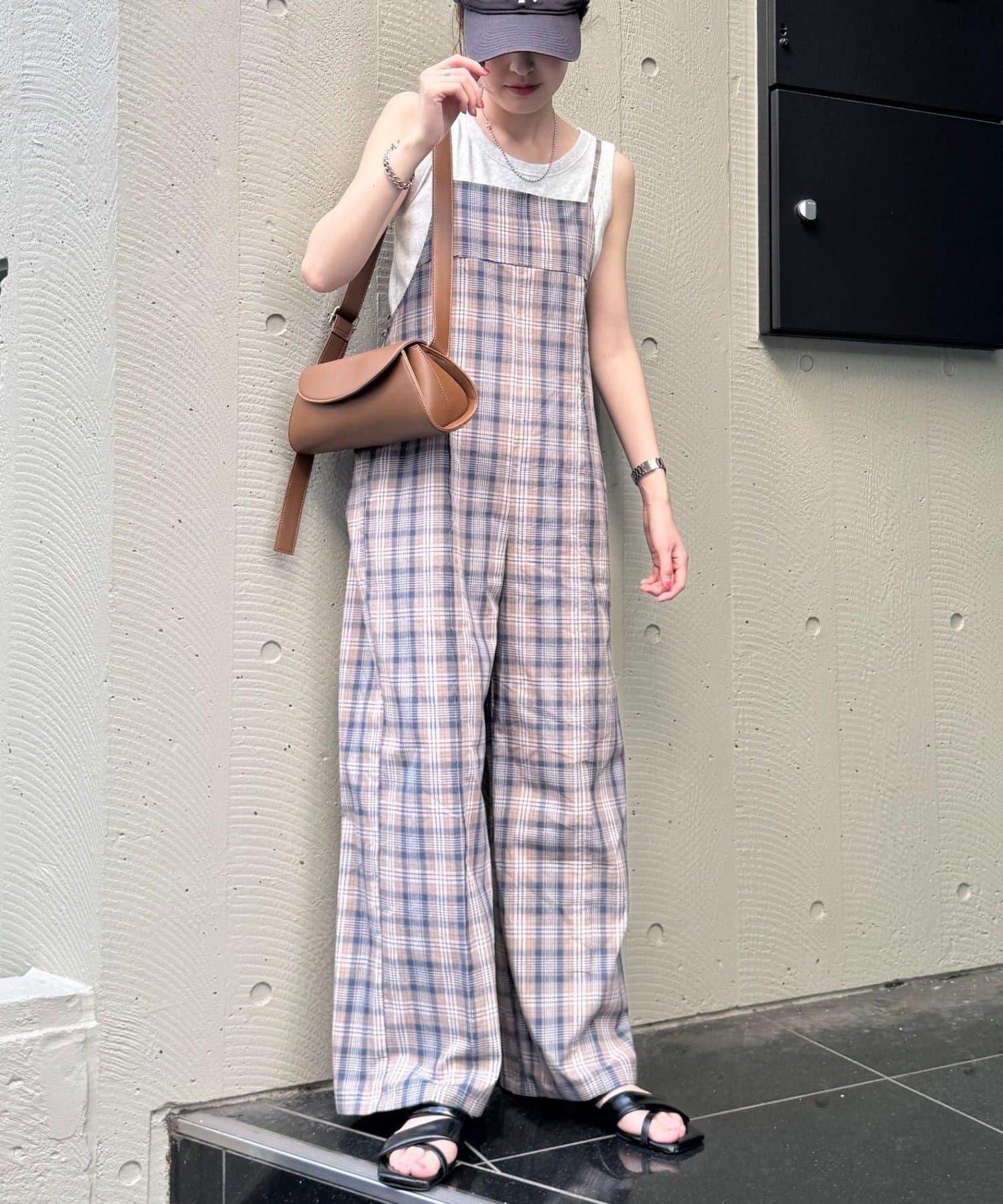 【多米小姐企劃/有尺碼展開】格紋拼接吊帶連體褲