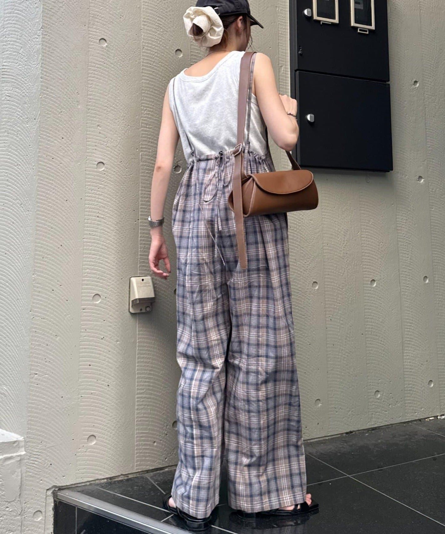 【多米小姐企劃/有尺碼展開】格紋拼接吊帶連體褲