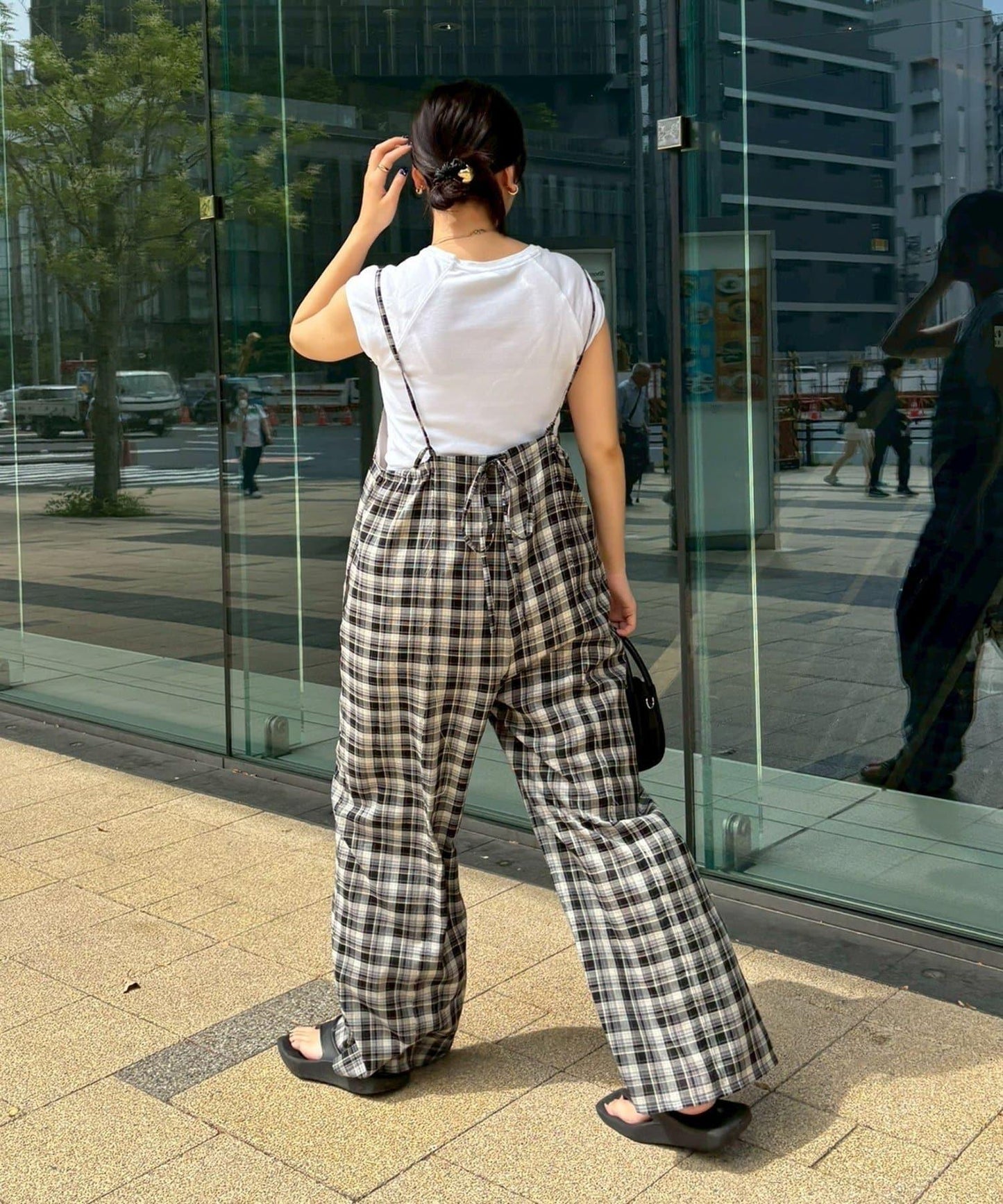 【多米小姐企劃/有尺碼展開】格紋拼接吊帶連體褲