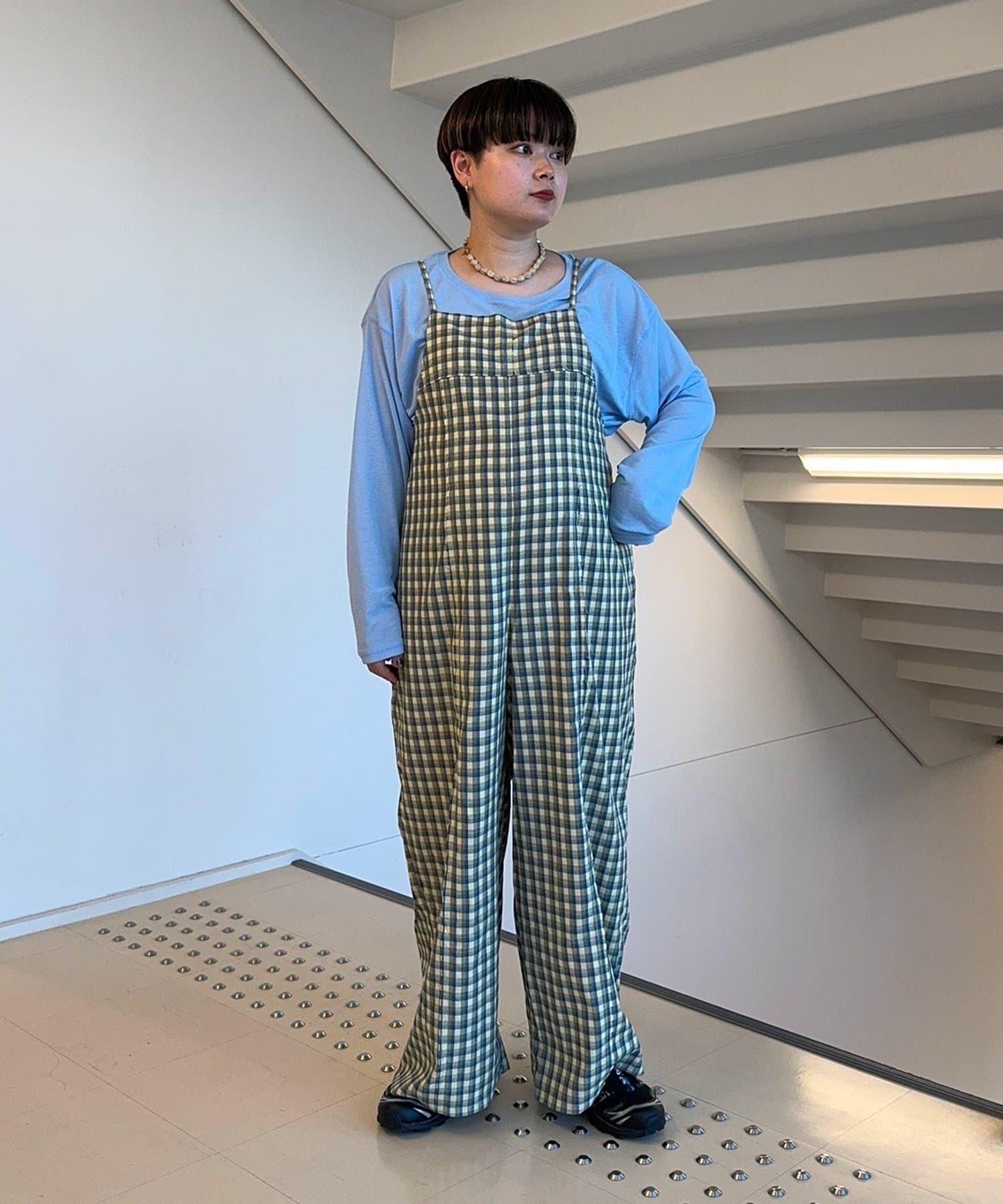 【多米小姐企劃/有尺碼展開】格紋拼接吊帶連體褲