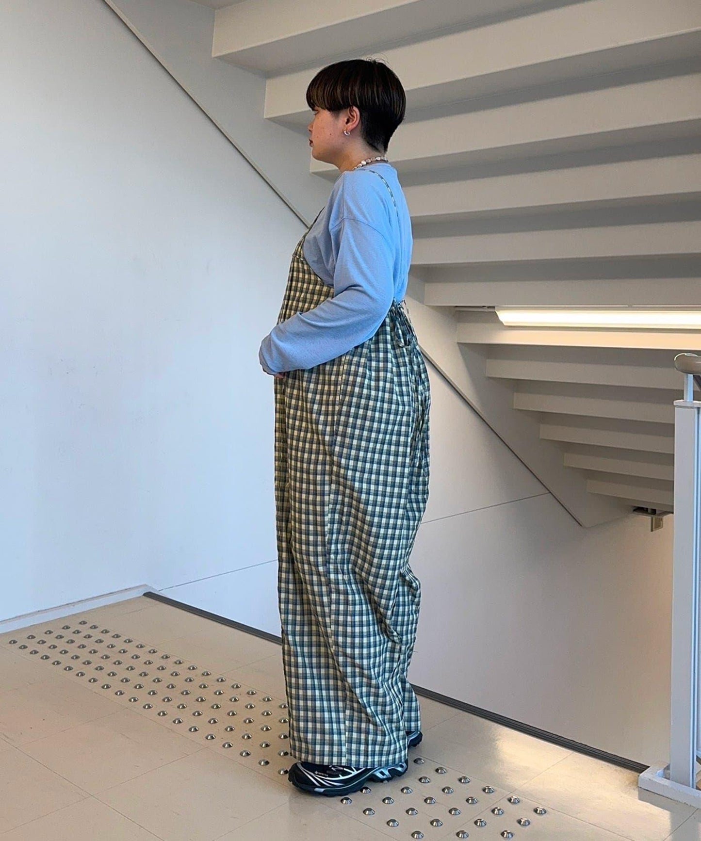 【多米小姐企劃/有尺碼展開】格紋拼接吊帶連體褲
