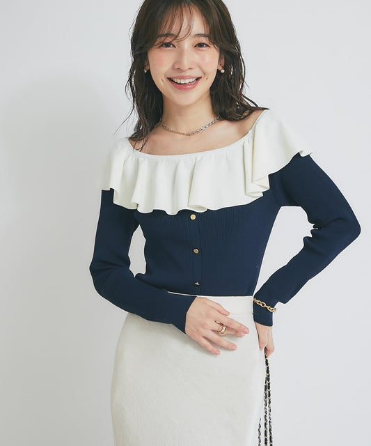 【最強映彩】冰涼觸感防曬露肩荷葉邊針織衫