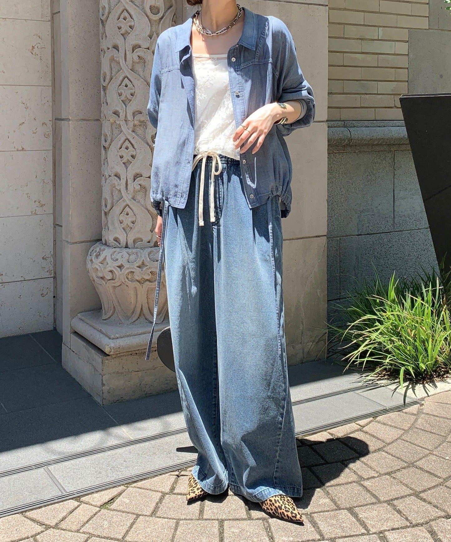 銀色紐扣透視牛仔寬鬆襯衫