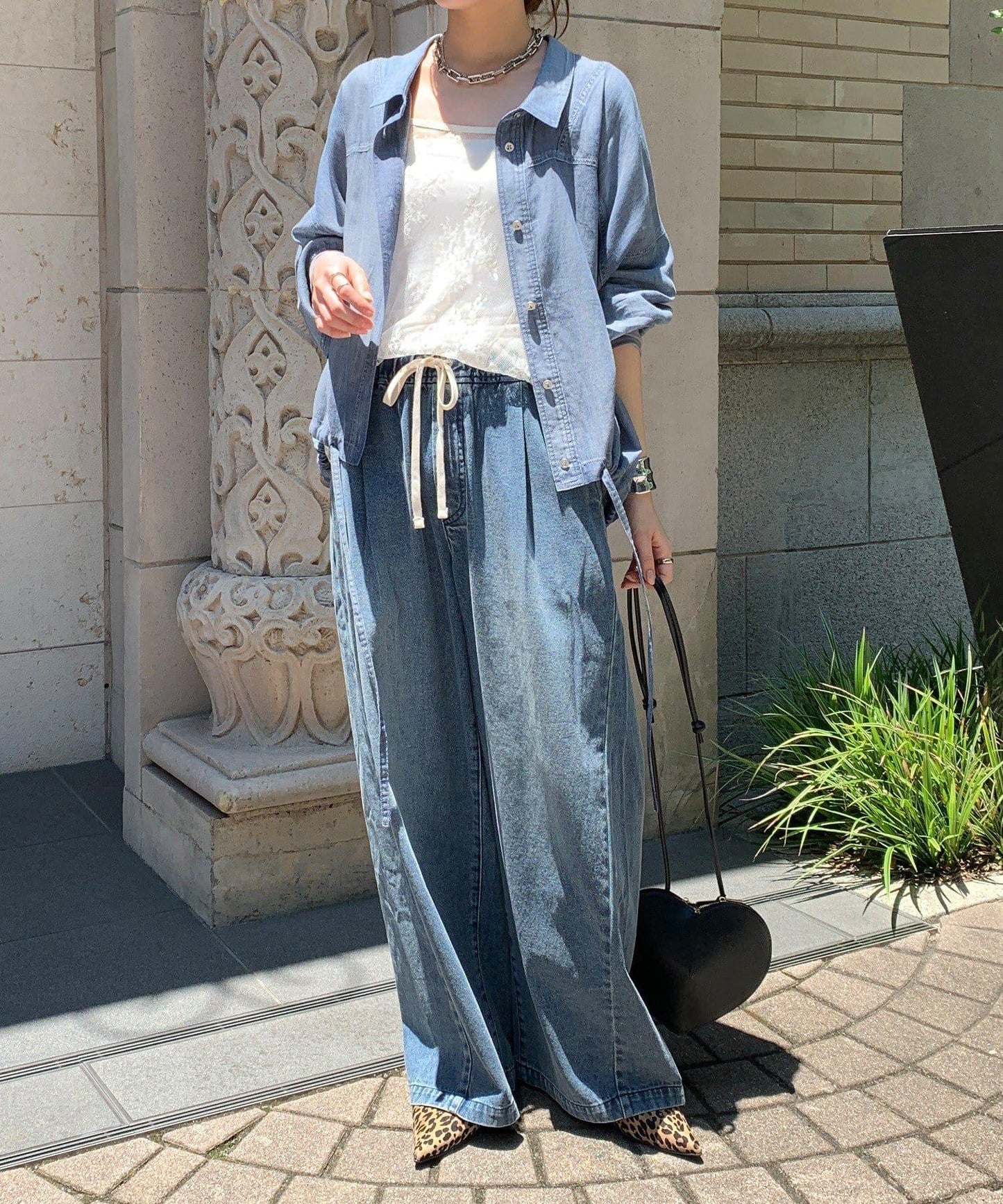 銀色紐扣透視牛仔寬鬆襯衫