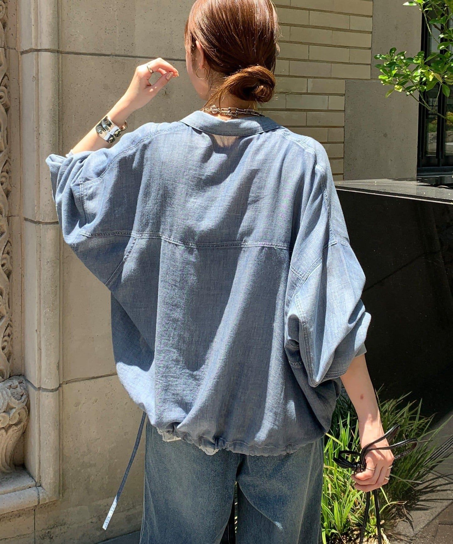 銀色紐扣透視牛仔寬鬆襯衫
