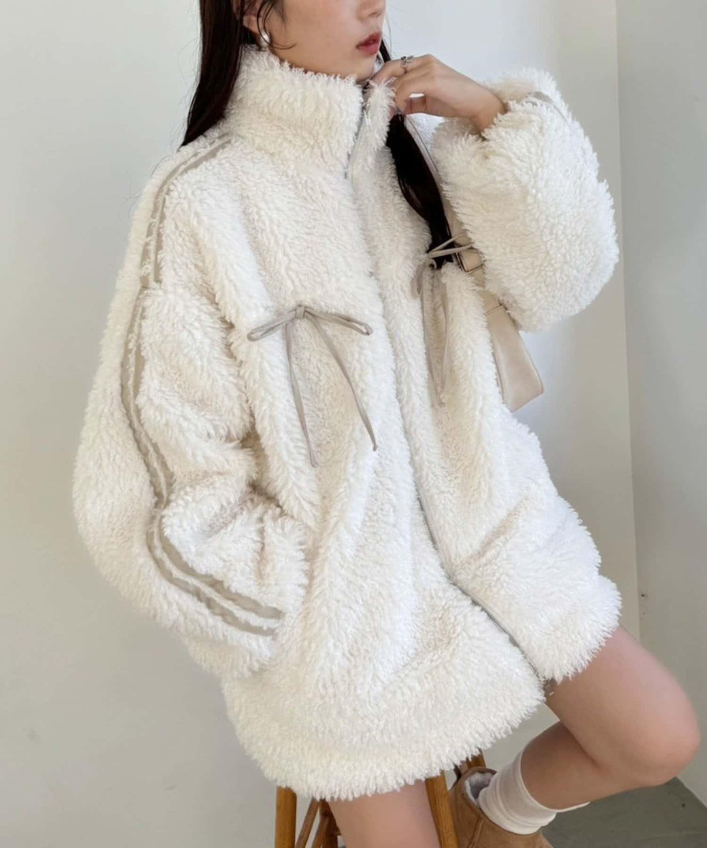 【復古款】蝴蝶結毛絨夾克/可拆卸蝴蝶結