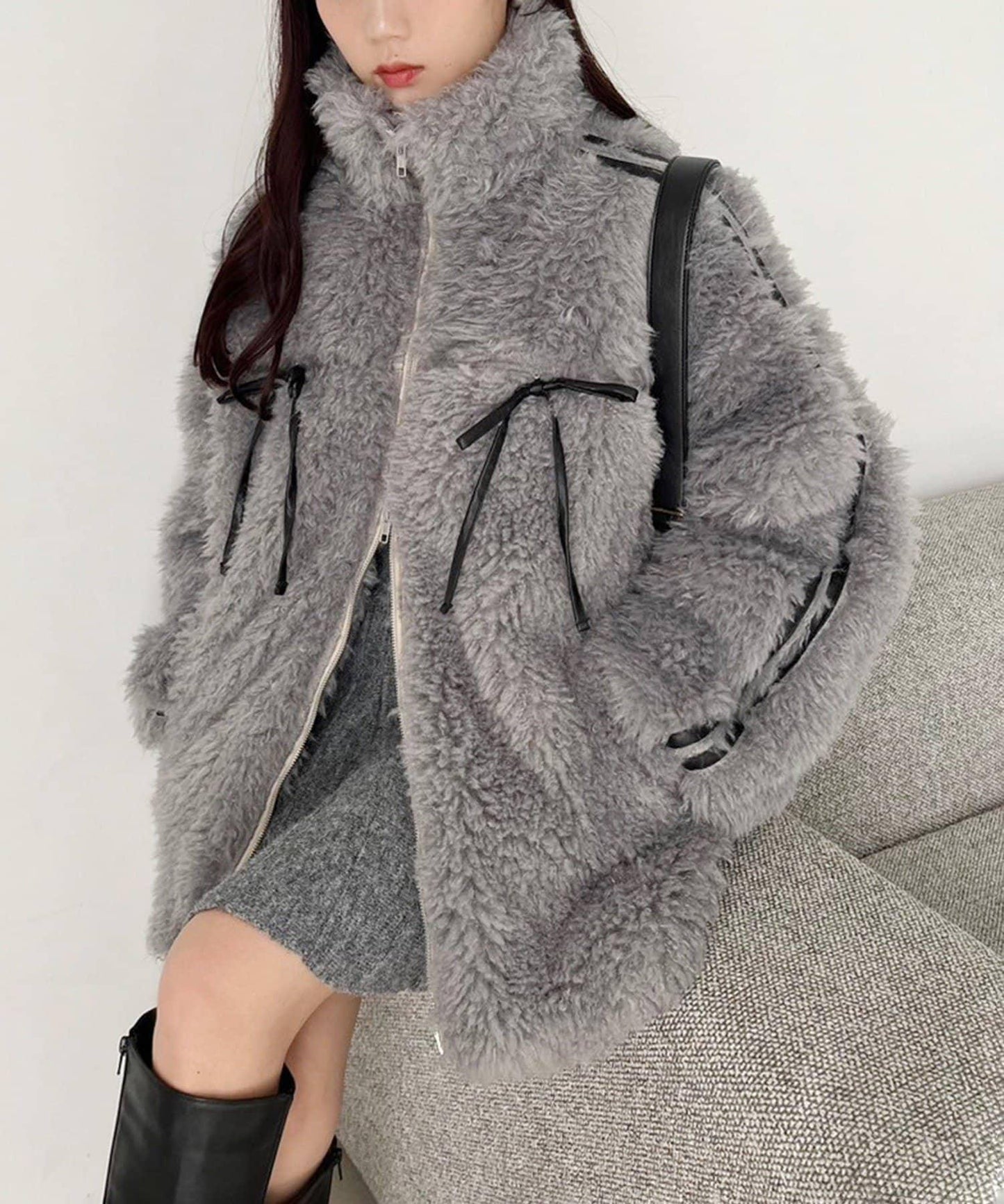 【復古款】蝴蝶結毛絨夾克/可拆卸蝴蝶結