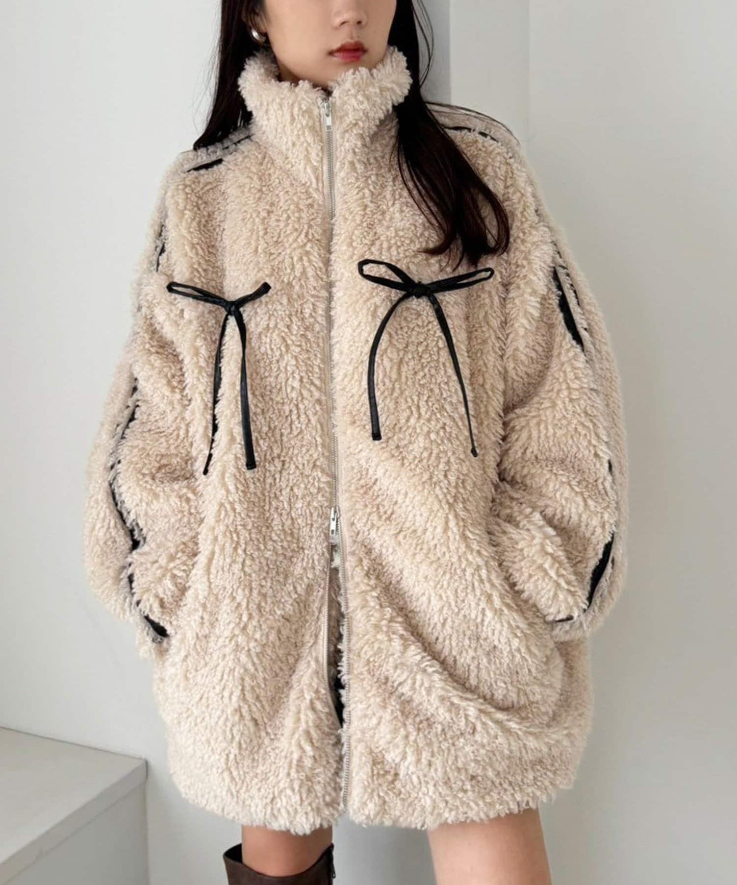 【復古款】蝴蝶結毛絨夾克/可拆卸蝴蝶結