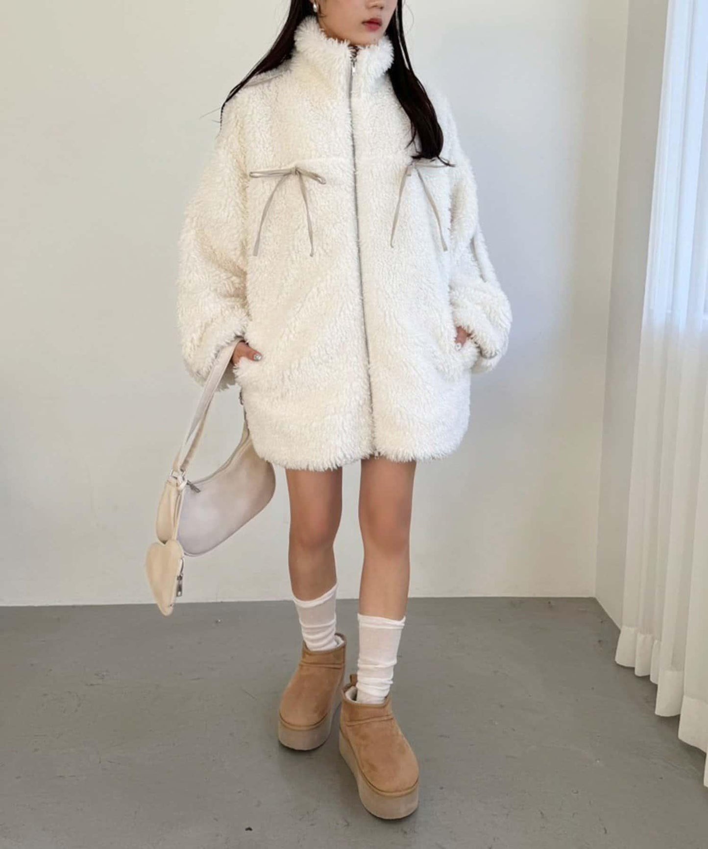 【復古款】蝴蝶結毛絨夾克/可拆卸蝴蝶結