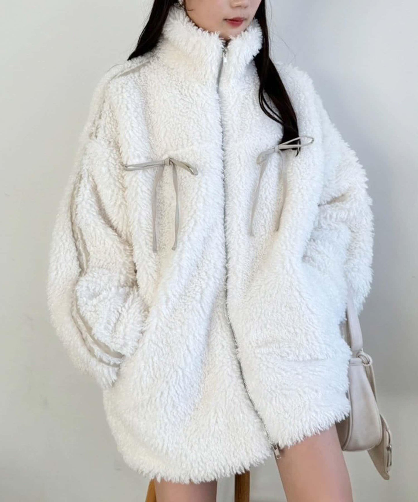 【復古款】蝴蝶結毛絨夾克/可拆卸蝴蝶結