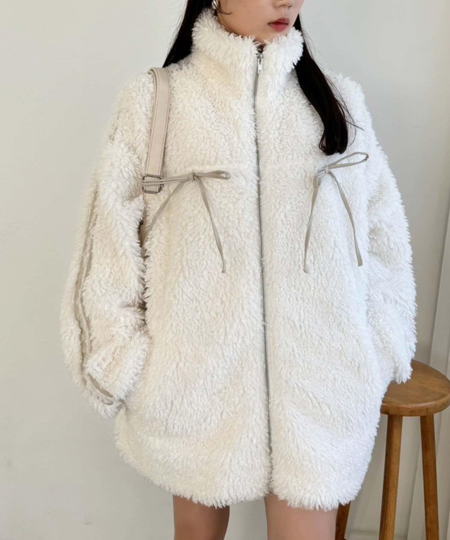 【復古款】蝴蝶結毛絨夾克/可拆卸蝴蝶結