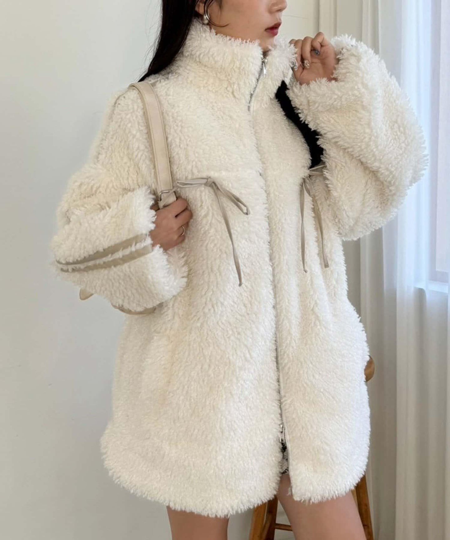 【復古款】蝴蝶結毛絨夾克/可拆卸蝴蝶結