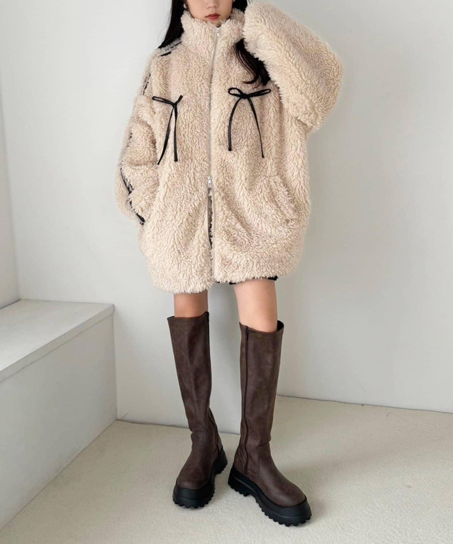 【復古款】蝴蝶結毛絨夾克/可拆卸蝴蝶結