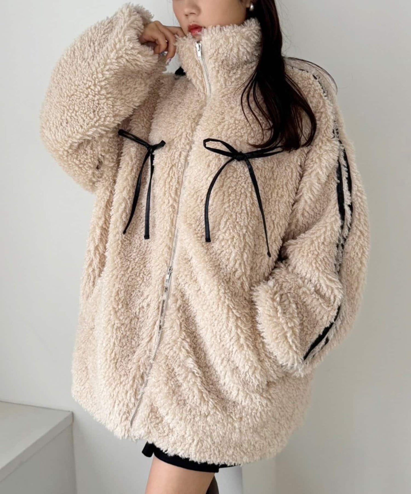 【復古款】蝴蝶結毛絨夾克/可拆卸蝴蝶結