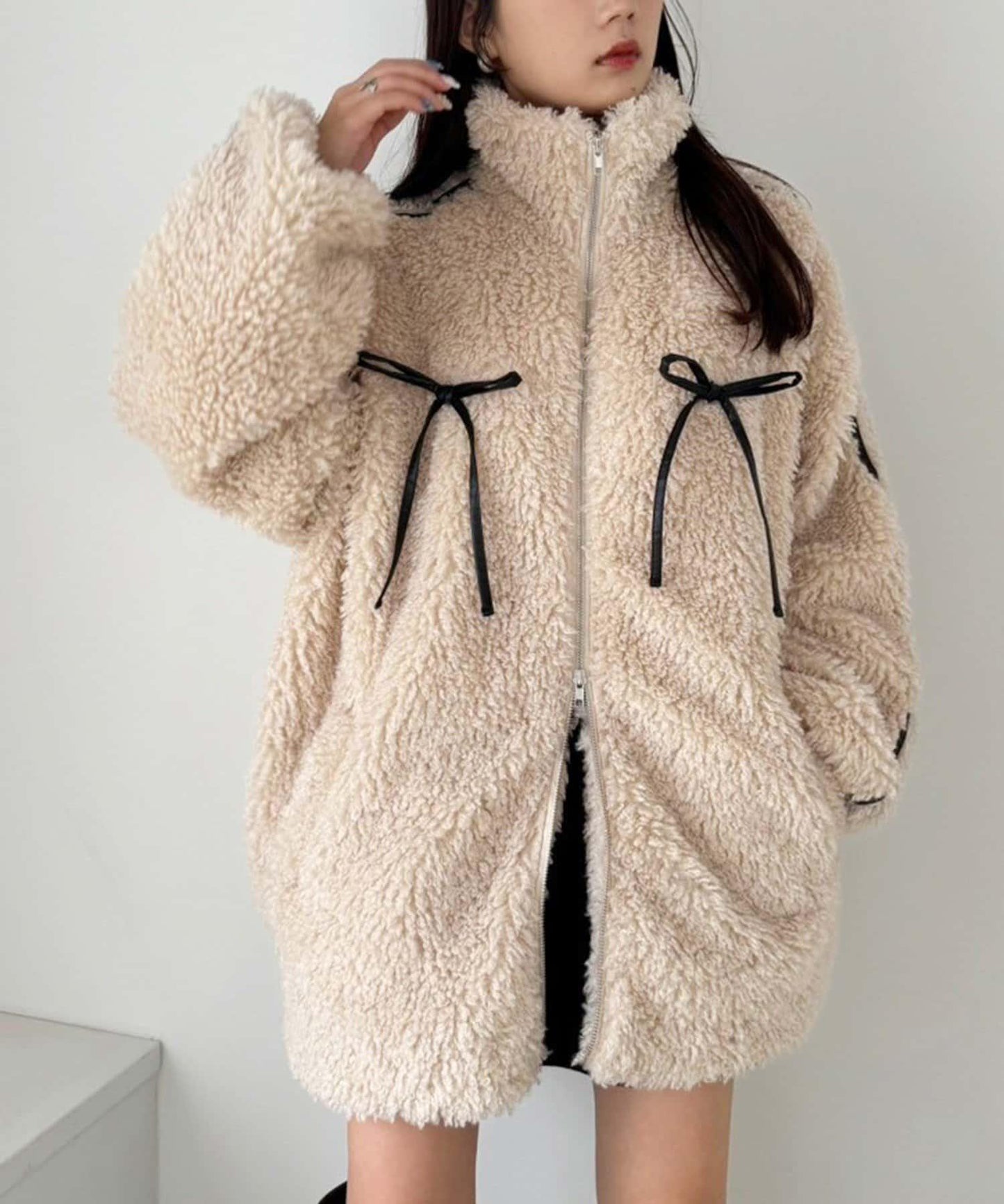 【復古款】蝴蝶結毛絨夾克/可拆卸蝴蝶結