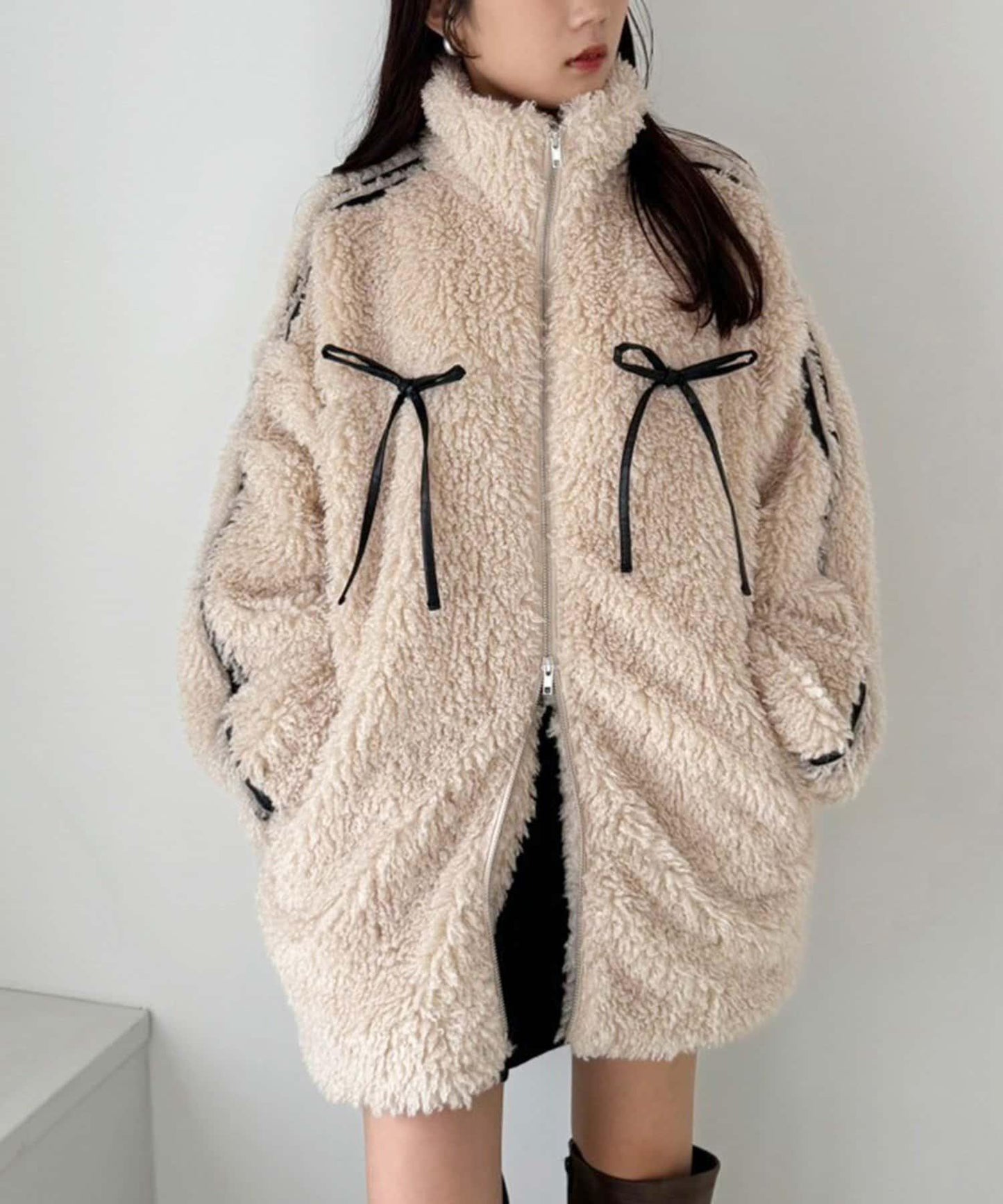 【復古款】蝴蝶結毛絨夾克/可拆卸蝴蝶結