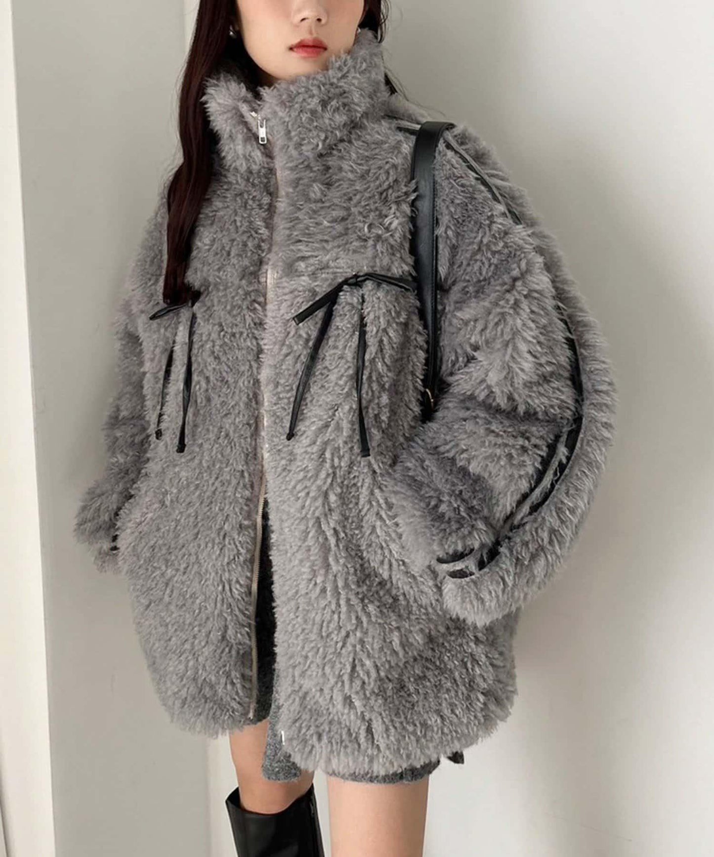 【復古款】蝴蝶結毛絨夾克/可拆卸蝴蝶結