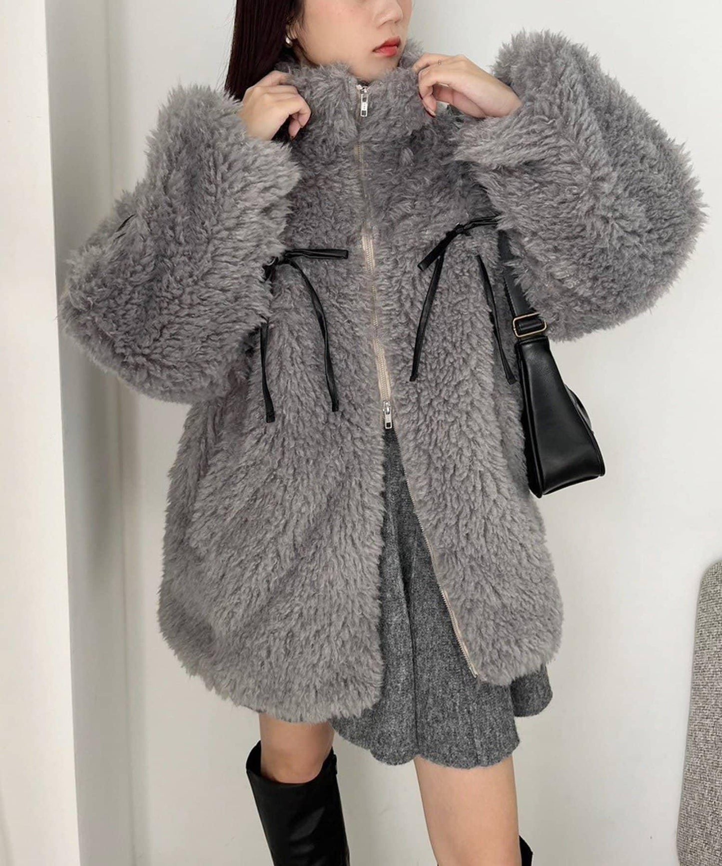 【復古款】蝴蝶結毛絨夾克/可拆卸蝴蝶結