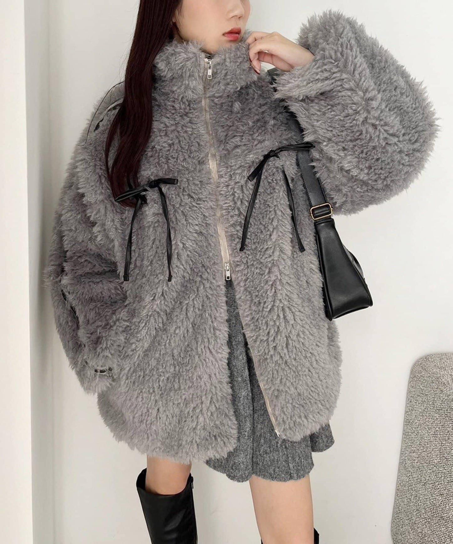 【復古款】蝴蝶結毛絨夾克/可拆卸蝴蝶結