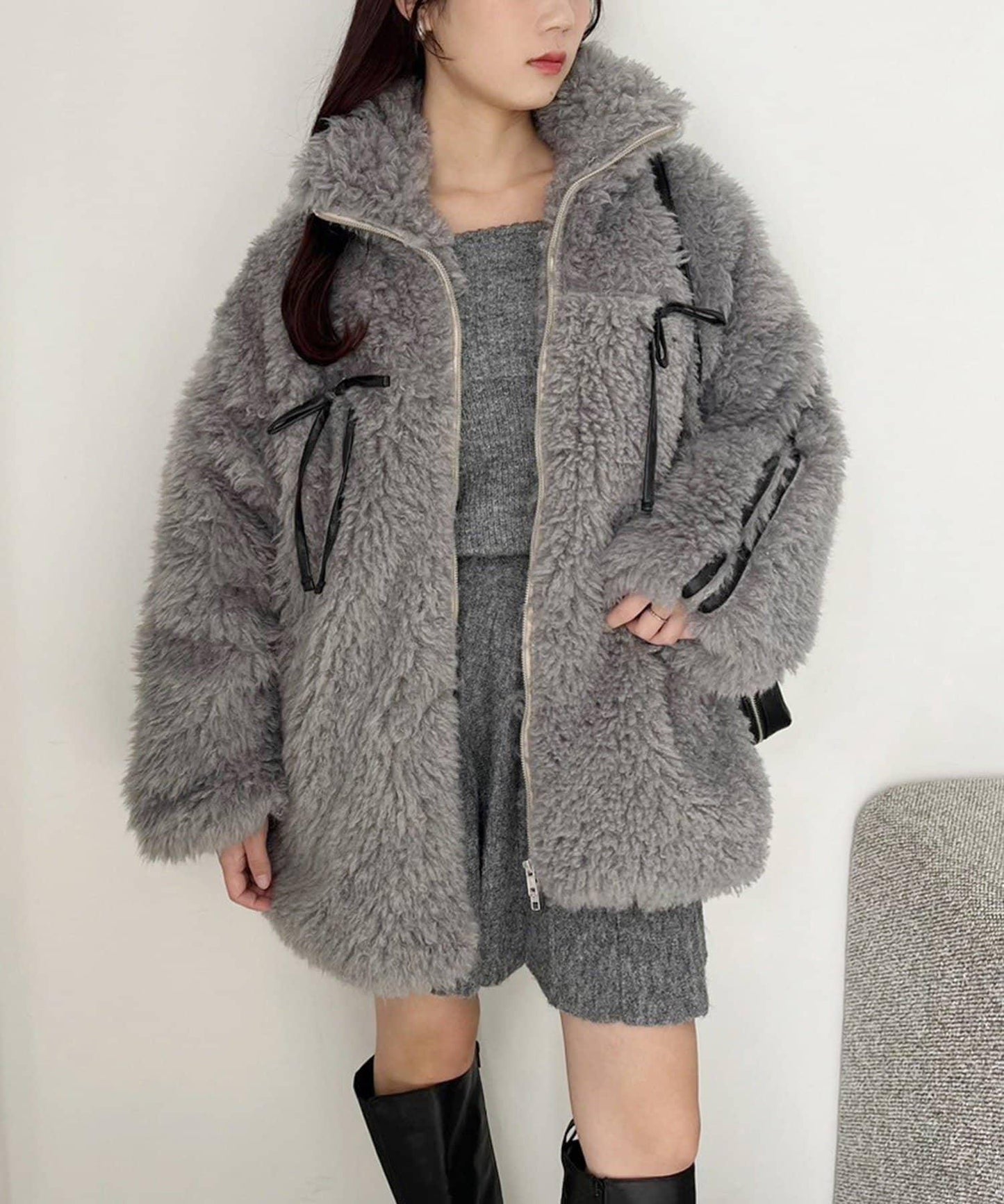 【復古款】蝴蝶結毛絨夾克/可拆卸蝴蝶結