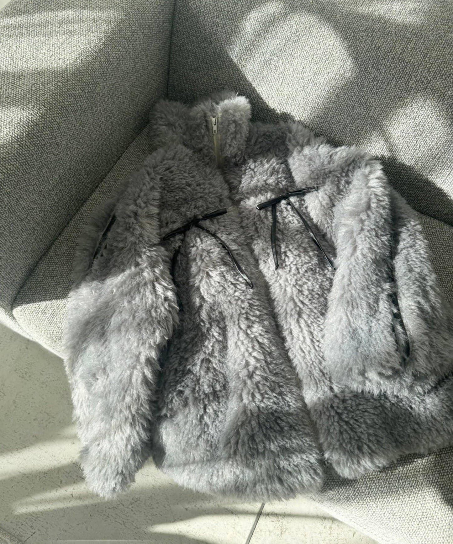 【復古款】蝴蝶結毛絨夾克/可拆卸蝴蝶結