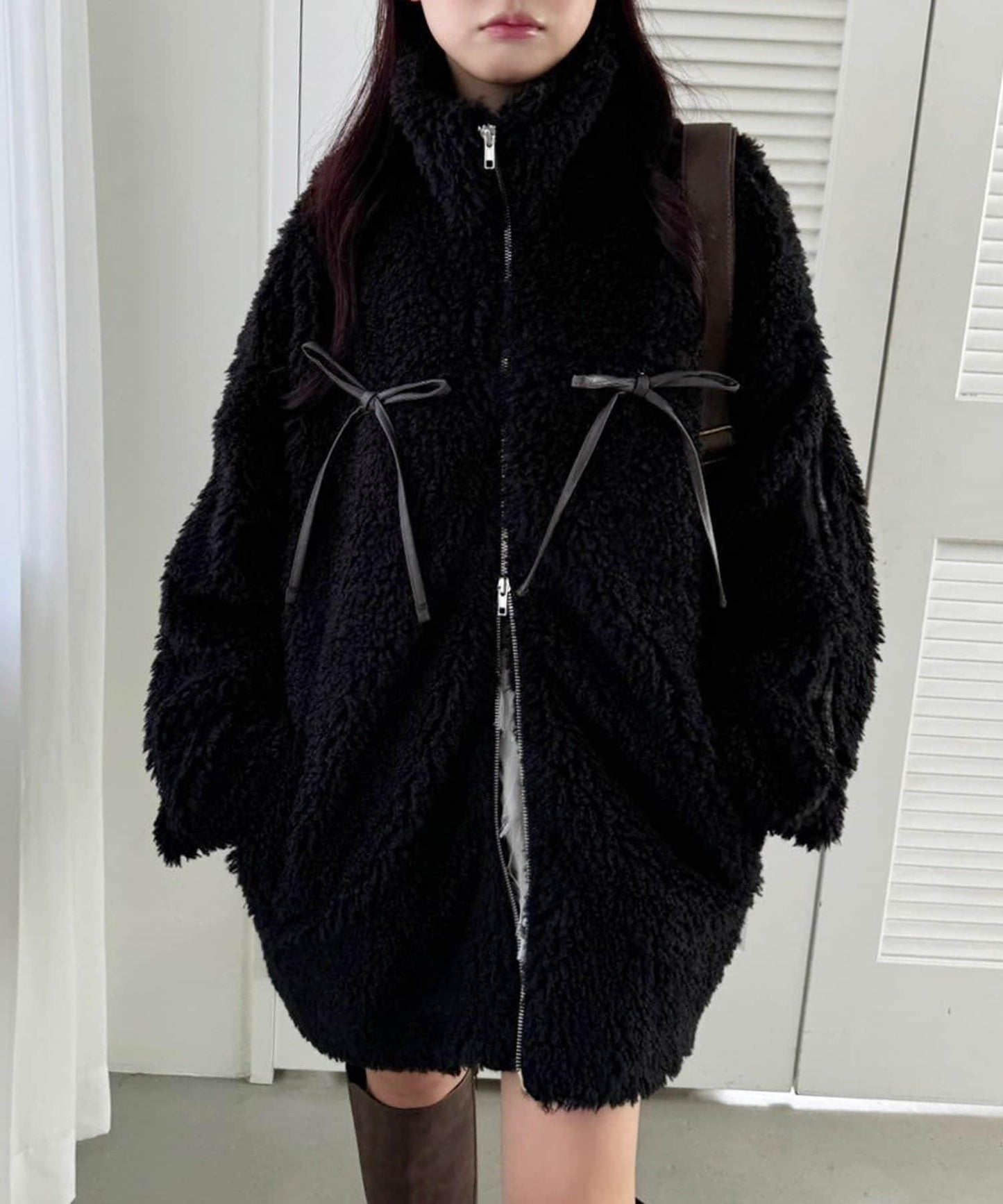 【復古款】蝴蝶結毛絨夾克/可拆卸蝴蝶結