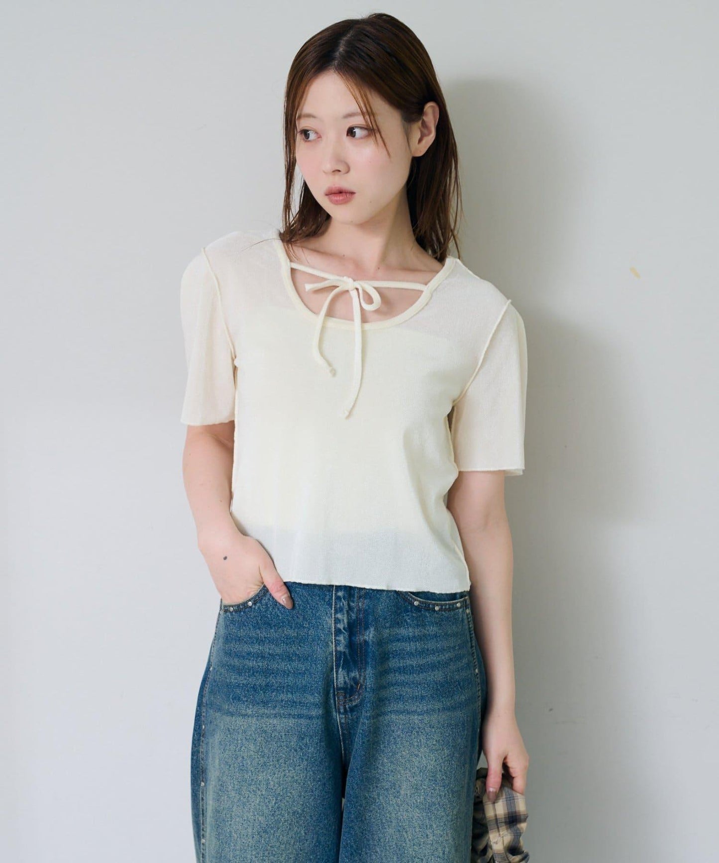 【4色展開/前後2WAY】後蝴蝶結開衩短袖T恤