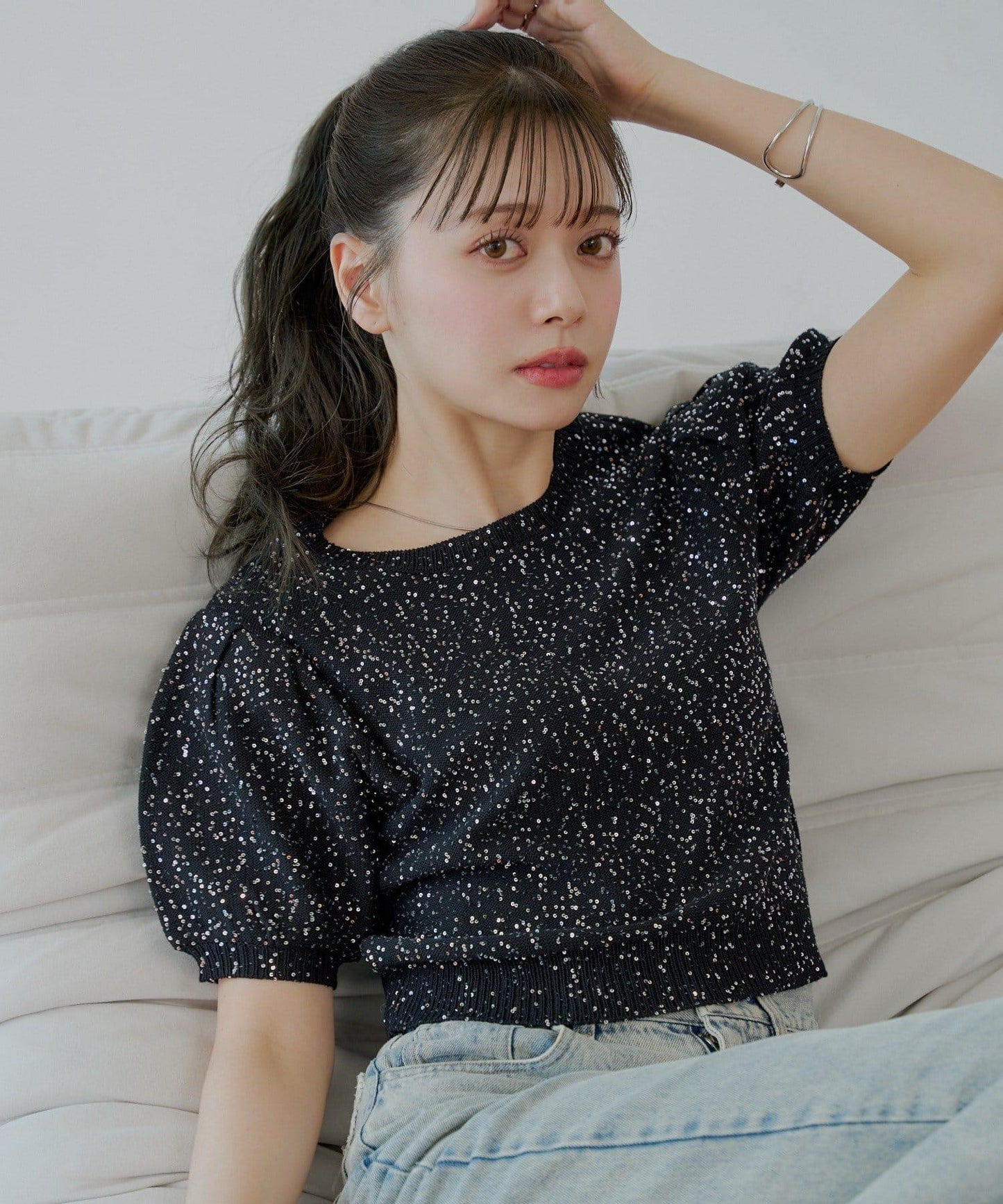 泡泡袖亮片針織衫
