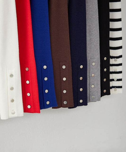 袖釦高領條紋套頭衫