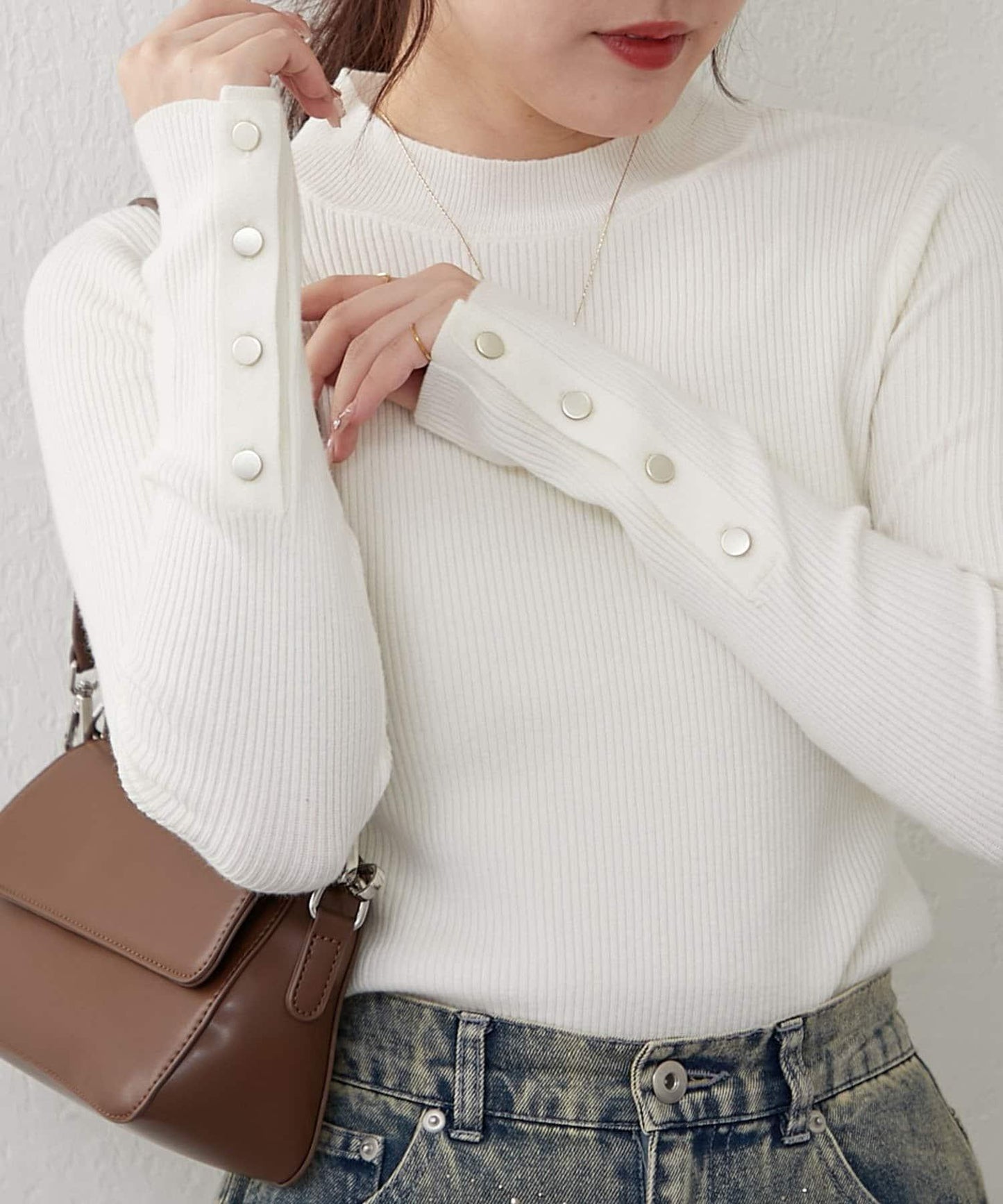 袖釦高領條紋套頭衫