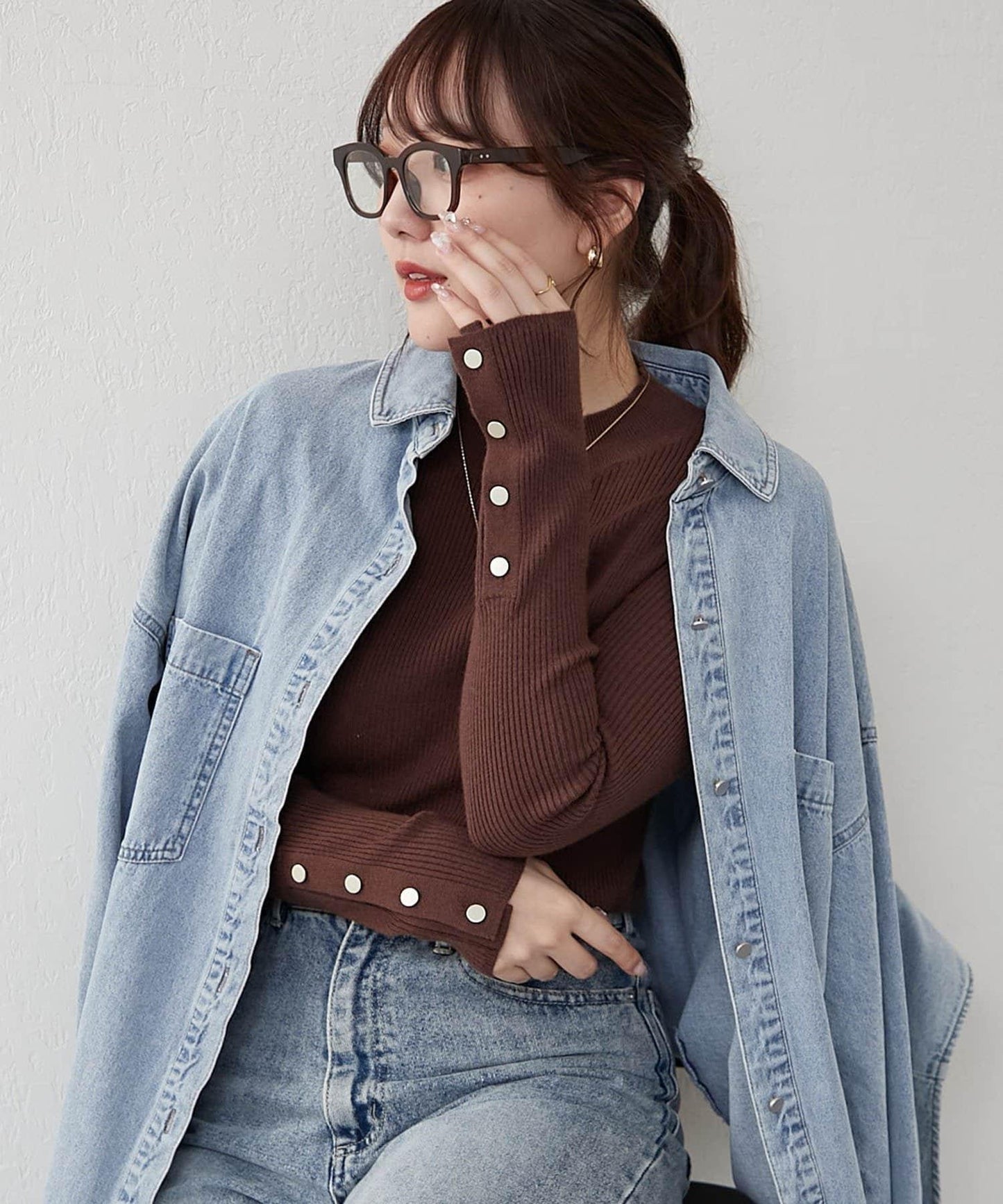 袖釦高領條紋套頭衫