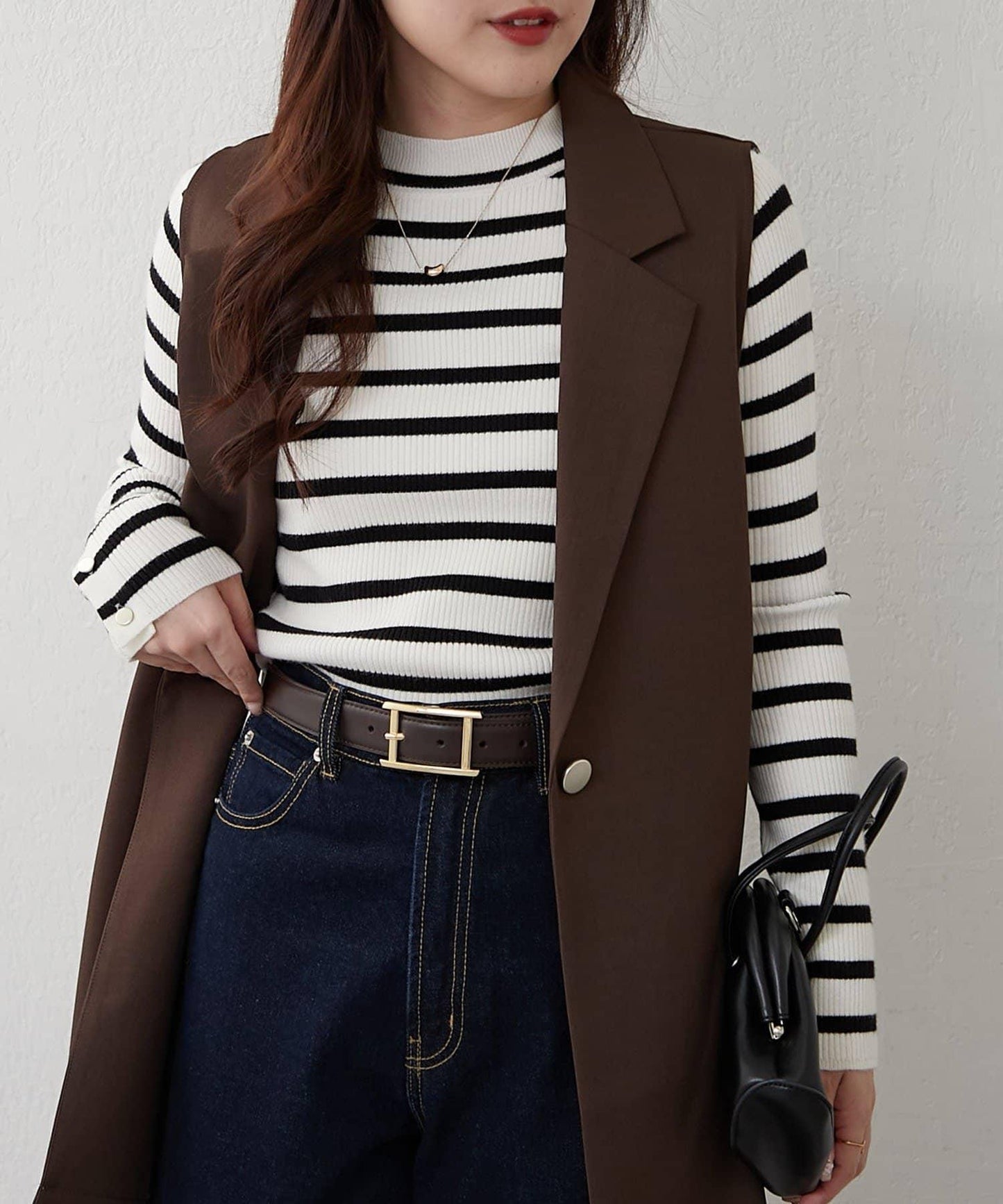 袖釦高領條紋套頭衫