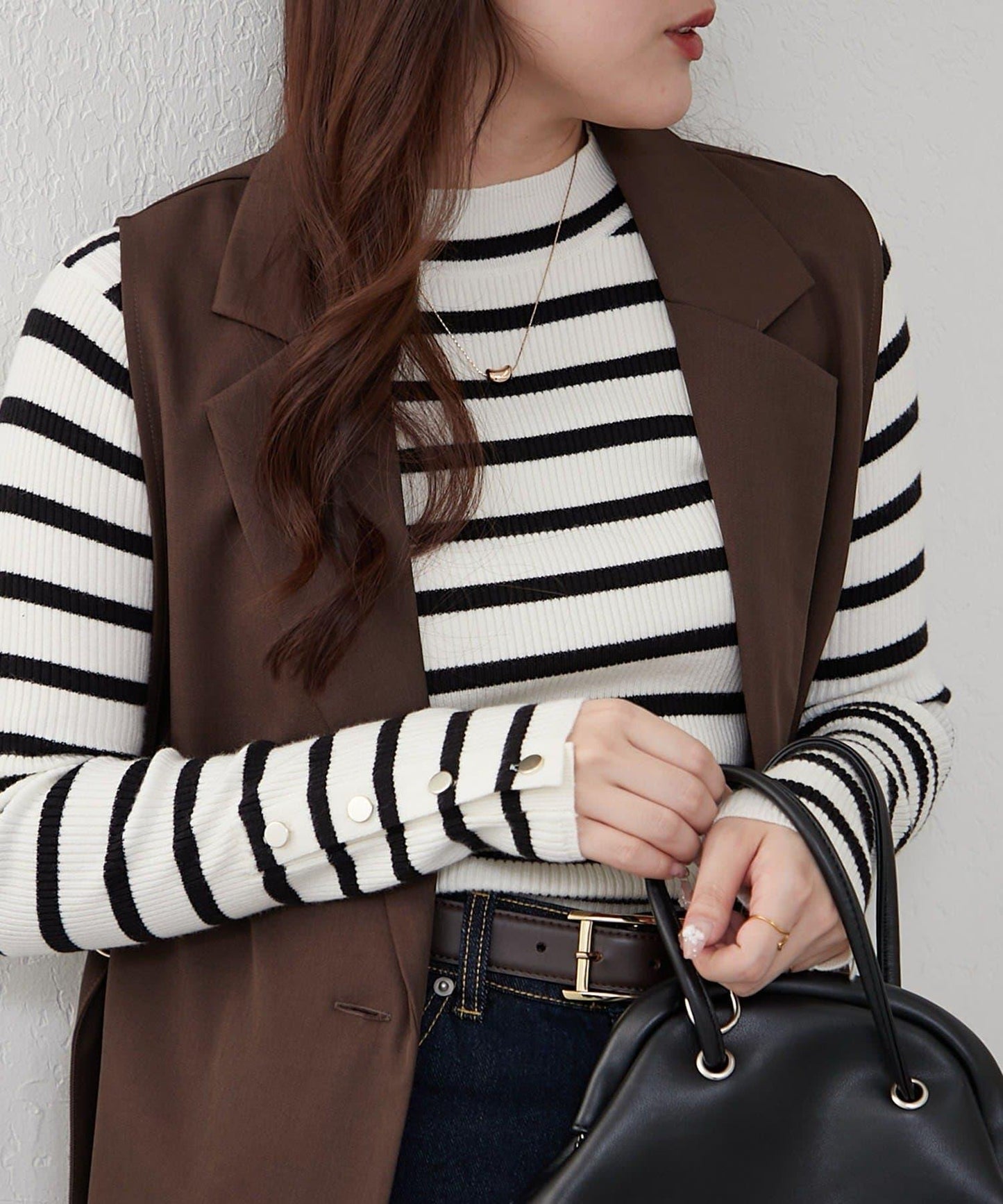 袖釦高領條紋套頭衫