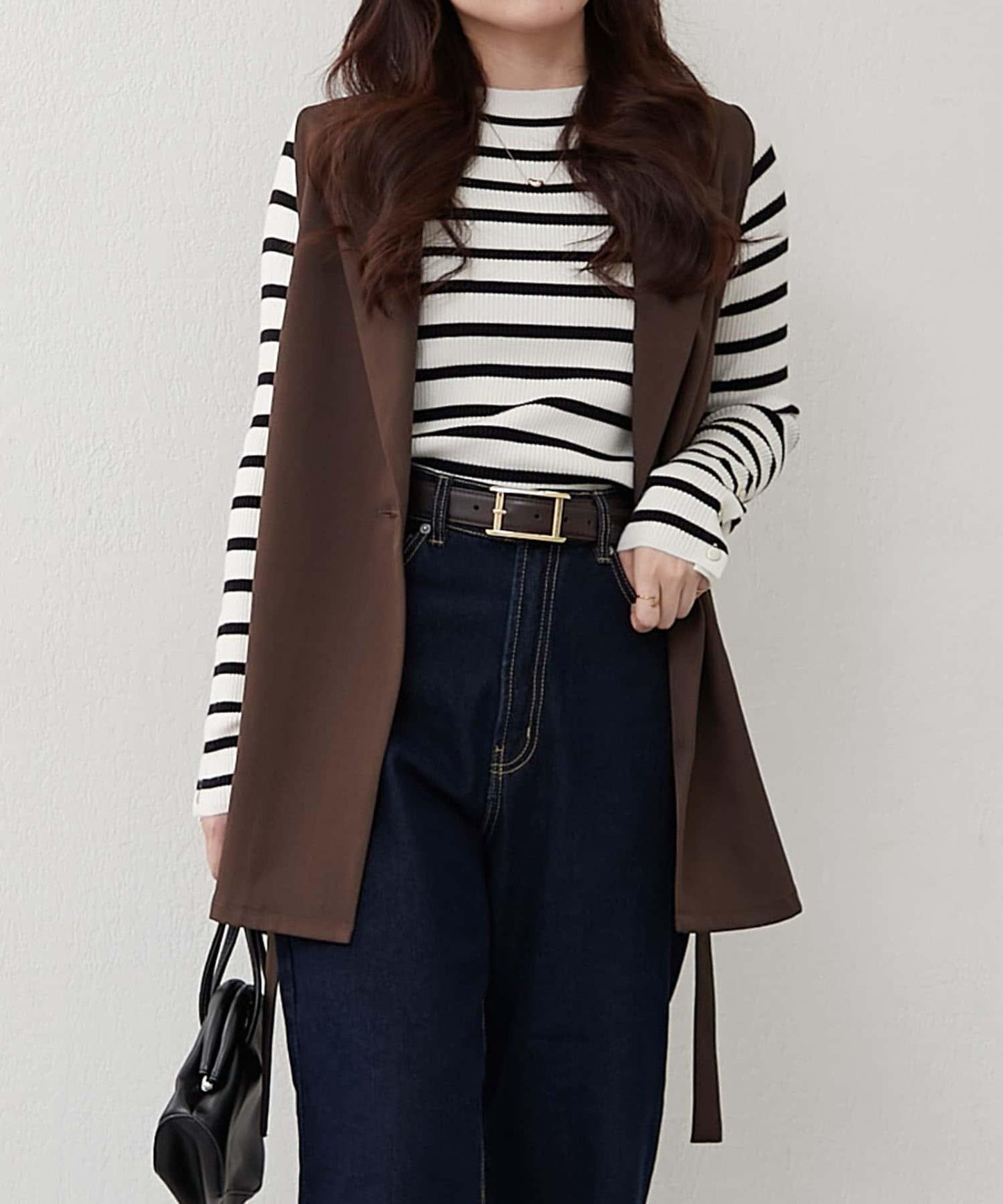 袖釦高領條紋套頭衫