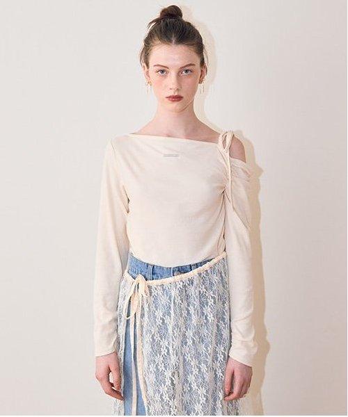 單肩蝴蝶結羅紋上衣【韓國時尚】