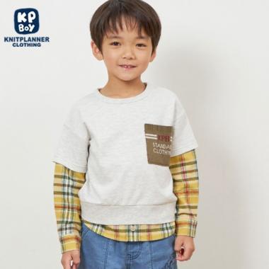 格紋與薄絨拼接疊穿風衛衣(90~160)