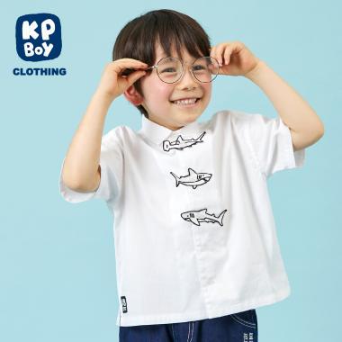 鯊魚刺繡貼布牛津紡短袖襯衫
