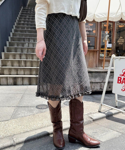 格紋透視中長裙