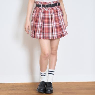 【GOODPRICE】附腰帶格紋百褶裙