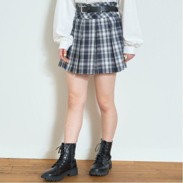 【GOODPRICE】附腰帶格紋百褶裙