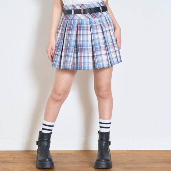 【GOODPRICE】附腰帶格紋百褶裙