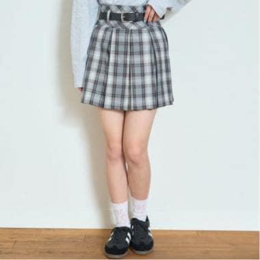 【GOODPRICE】附腰帶格紋百褶裙